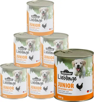 Produktbild von Dehner Hundefutter, Nassfutter vitaminreich, für Welpen und junge Hunde, Geflügel / Reis, 6 x 800 g Dose (4.8 kg)