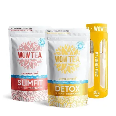 Produktbild von WOW TEA Sommer Detox 21-Tage Tee – Schneller wirkender Diät- & Reinigungs-Tee mit exotischen Kräutern & Infuser-Flasche (300g, EU)