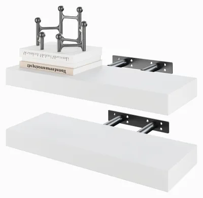 Image de Étagères suspendues, étagères murales en bois blanc avec fixations invisibles, lot de 2, décoration murale pour chambre, salle de bains, salon et cuisine