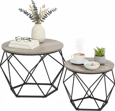 Produktbild von Relaxdays Couchtisch, 2er Set, Holzoptik & Metall, Vintage-Design, runde Beistelltische, Wohnzimmer, grau/schwarz