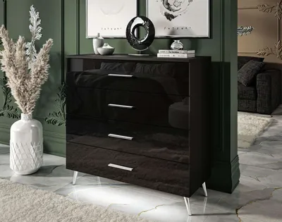 Produktbild von Kommode AURA 4S Schwarz/Schwarz Hochglanz mit verchromten Beinen