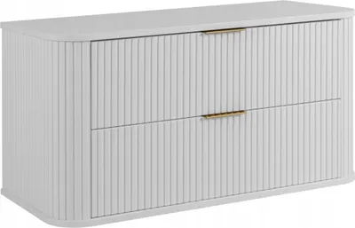 A white bathroom cabinet with two drawers and gold handles, shown against a white background.