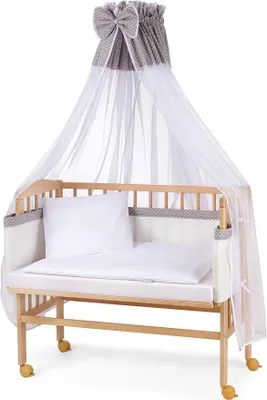 Imagen del producto de Cuna auxiliar para bebés con colchón y textiles, con altura ajustable, amplia superficie de descanso de 90x55 cm, madera natural, color gris con lunares blancos