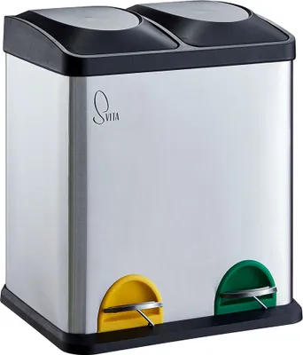 A silver, dual-compartment trash can with black lids and colored pedal levers.