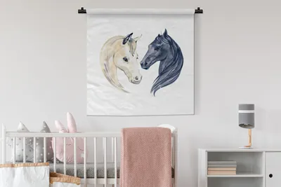 Produktbild von MuchoWow® Wandteppich Wandbehang Pferde - Aquarell - Schwarz - Mädchen - Kinder - Mädchen 90x90 cm Tapisserie Dekoration Wandtuch - Wandaufhänger