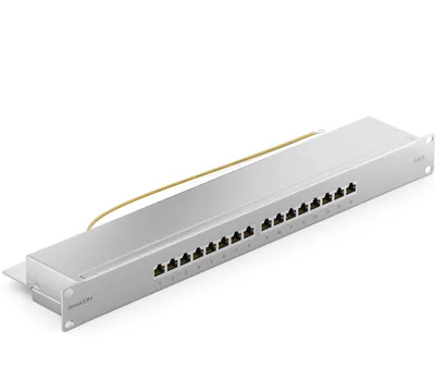 Produktbild von deleyCON CAT 6 Patchpanel Verteilerfeld 16 Port - Desktop 19" Zoll Rackeinbau Servermontage - RJ45 - Geschirmt - TIA568A TIA568B Grau