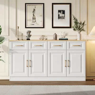 Produktbild von Sideboard - 140x40x75 cm weiß - 4 Schubladen & 4 Scheunentüren - verstellbare Regale & Kippschutz