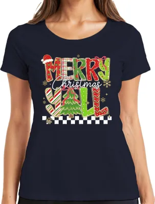 Produktbild von Merry Christmas Y'all Weihnachten Tannenbaum gestreift Glitzer Damen T-Shirt, Navy, XL