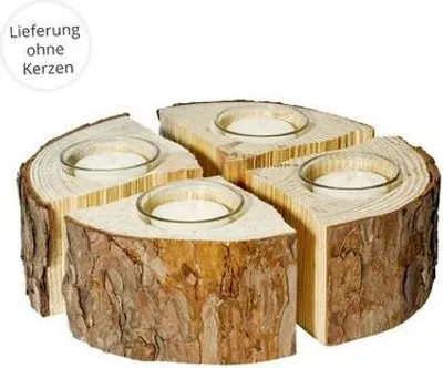 Produktbild von Rustikaler Adventskranz aus naturbelassenem Kiefernholz, Ø 17,5 cm, H 6 cm, mit 4 Kerzenhaltern