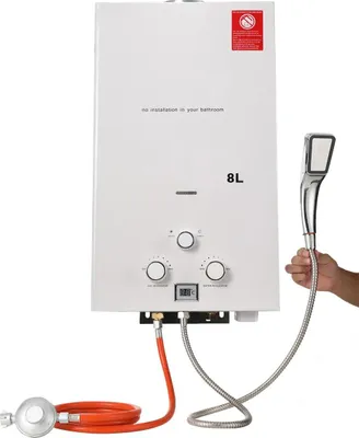 Immagine prodotto di Scaldabagno a gas - Scaldabagno istantaneo - GPL/propano - Capacità 1500 l - Set soffione doccia e riduttore di pressione - CE, acciaio inossidabile - Bianco