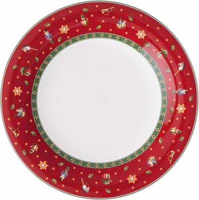 A round plate with a red rim decorated with Christmas-themed illustrations.