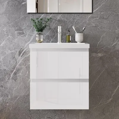 Produktbild von 50 cm Badmöbel-Set Unterschrank mit Mineralguss waschtisch 2 Schubladen soft-close Hochglanz Weiß Selbstmontierter