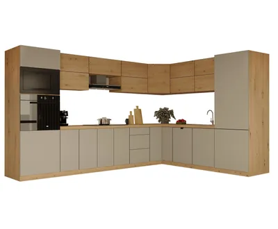 Produktbild von Winkelküche 360 x 260 cm Mit Mikrowellenumbauschrank L-Küche Einbauküche Küchenblock Ohne Arbeitsplatte, Langen KL11-M360,Beige/Artisan Eiche