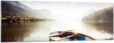 Produktbild von Bilder auf glas - Berge See Boot - 160x50cm - Glasbilder - Wandbilder - Kunstdruck - zum Aufhängen bereit - Wanddekoration aus Glas - Glas Bilder - Wandbild auf Glas - Einteilig - GAB160x50-3927