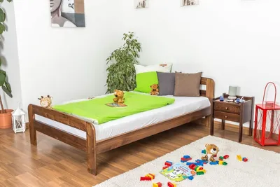 Produktbild von Bettrahmen für Kinder / Kinderbett 120 x 200 cm | Massivholz: Kiefer | Nuss Lackiert | inkl. Rollrost