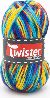 A ball of multicolored yarn with a label.