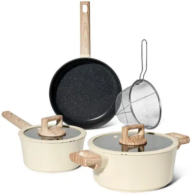 Image de Batterie de cuisine 6 pièces à revêtement marbré avec couvercles tous feux dont induction Beige Just perfecto JL-331