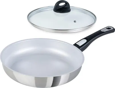 Produktbild von Cerafit Stalen Koekenpan 28 cm + Glazen Deksel - Ofenfeste Keramische Pfanne mit Kratzfester Antihaftbeschichtung Induktionspfanne mit Abnehmbarem Griff für Alle Kochplatten