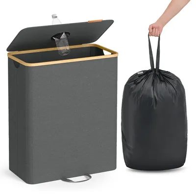 A laundry hamper with a lid and a separate trash bag.