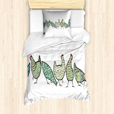 Produktbild von ABAKUHAUS Hähnchen Bettbezug Set, Nette Tiere auf dem Bauernhof in Zier Geometric Childish Geflügel Landwirtschaft Kinder, 135 x 200 cm + 80 x 80 cm, Hellgrün und Weiß