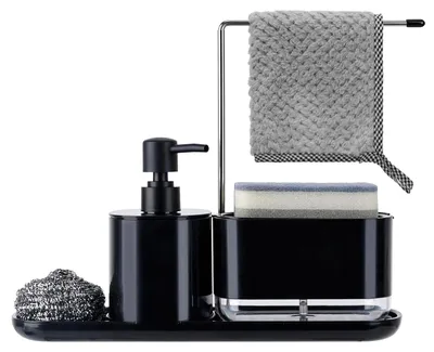 Immagine prodotto di Organizzatore per lavello 3-in-1: dispenser per sapone con portaspugna, colore nero, per la cucina