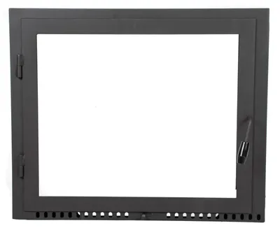 Obrázek produktu pro Dvířka na pizzu 65x42 cm s tepelně odolným sklem, ocelová dvířka s přírubou a levým závěsem, vhodná pro troubu nebo krb 650×420 mm.