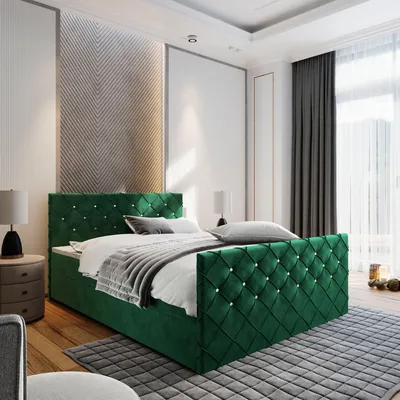 A bedroom scene with a green upholstered bed as the main focus.