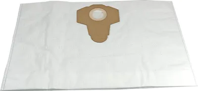 A white vacuum cleaner bag with a brown cardboard attachment for connection to a vacuum cleaner.