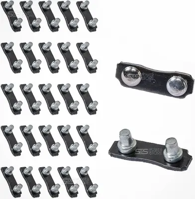 A collection of chainsaw chain connecting links arranged in rows and two individual links shown separately.