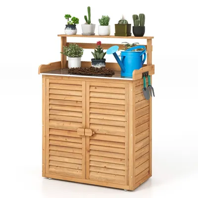 Produktbild von GOPLUS Pflanztisch mit Unterschrank, Gartentisch mit verzinkter Arbeitsplatte & abnehmbarem Regal, Gärtnertisch mit Stauraum, Gartenschrank für Garten Balkon Terrasse, 87 x 45 x 120 cm