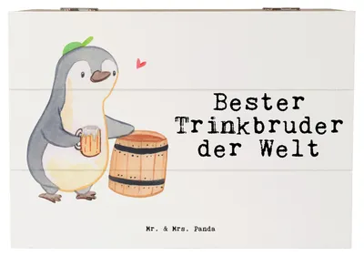 Produktbild von Mr. & Mrs. Panda Geschenkbox Pinguin Bester Trinkbruder der Welt 22 x 15 cm - Weiß - Geschenk, Kiste mit Deckel, erinnerungsbox holz, Kleinigkeit, Kumpane, schmuckbox