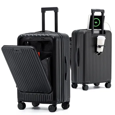 Produktbild von TWSOUL Hartschalenkoffer, Schwarz, 54x33x22cm, Handgepäck, mit USB-Anschluss, TSA-Schloss, Getränkehalter, Volumenerweiterung, Teleskopstange, geräuscharmen Doppelrollen, Laptop geeignet.