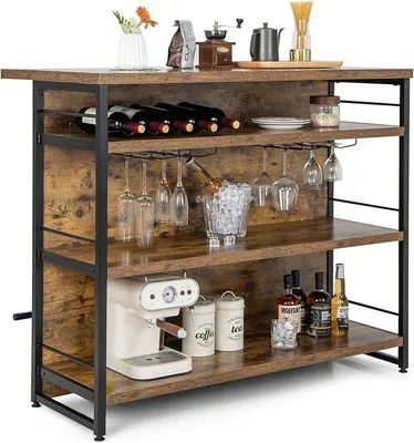 Produktbild von Hausbar Theke Bar, Barschrank mit 4 offenen Ablagen, Bartisch Küchen Tresentisch mit Weinregal & Gläserhalter, Küchenregal Küchentheke 120 x 60 x 101 cm, Küchenbar Küchentresen