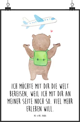 Produktbild von Mr. & Mrs. Panda Bild Bär Flugzeug DIN A2 - Weiß - Geschenk, Wanddekoration, Kunstdruck, poster, Freund, für Freundin, Partner, Wandbild, Hochzeitstag, Frauen, wanddeko