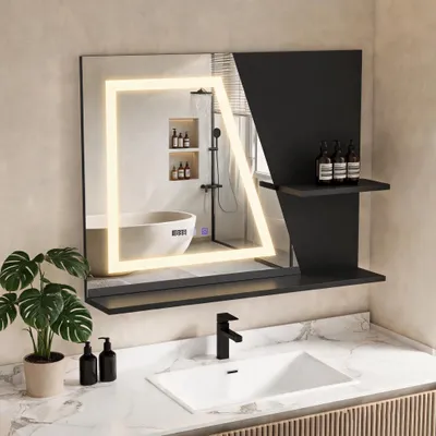 Obrázek produktu pro Koupelnové zrcadlo Puluomi 80 × 60, LED koupelnové zrcadlo s dvojitou policí, 3 barevné teploty s možností stmívání, ochrana proti zamlžování, zobrazení času a teploty bez zamlžování