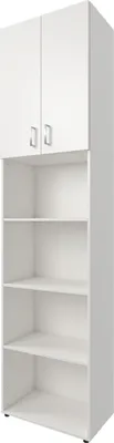 A white storage cabinet with two doors on top and four open shelves below, shown against a white background.