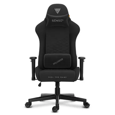A black gaming chair is shown from the front against a white background.