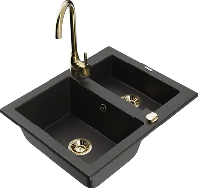 Produktbild von Mexen Carlos 1,5-Becken-Granitspüle mit Mischbatterie Telma, Schwarz/Gold metallisch - 6518-75-670200-50