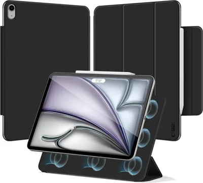 A collage of black iPad cases, with one case open and displaying an iPad screen.