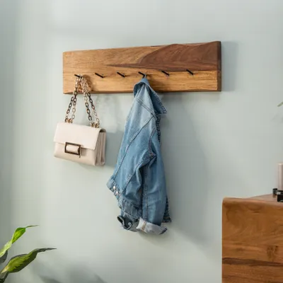 Produktbild von riess-ambiente Wandgarderobe MAMMUT 80cm braun massives Sheeshamholz stone finish 6 Kleiderhaken