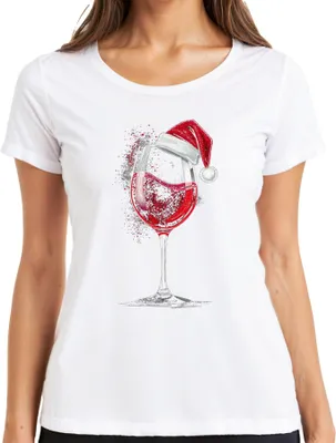 Zdjęcie produktu dla Kieliszek do wina Czapka świąteczna Czerwone wino Prezent świąteczny Wino Party Koszulka damska, biały, M