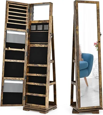 Zdjęcie produktu dla Szafka na biżuterię i półka drabinkowa 2 w 1 z lustrem na całej długości 39 x 39 x 161 cm brązowa