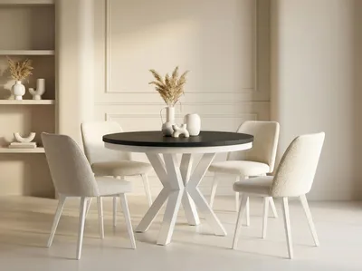 Produktbild von Runder Ausziehbarer Esstisch im Loft-Stil - Industrieller Tisch mit Weißen Metallbeinen - Platzsparender Tisch für Wohnzimmer - Schwarz - 100 bis 180 cm