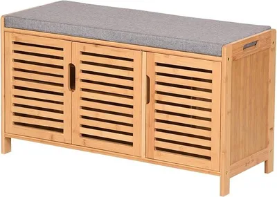 Produktbild von Schuhschrank aus Bambus mit Sitzbank Schuhbank mit 3 Fächern Sitzkissen Schuhkommode Aufbewahrungsschrank für Flur Eingangsbereich 50x90x35cm (Grau)
