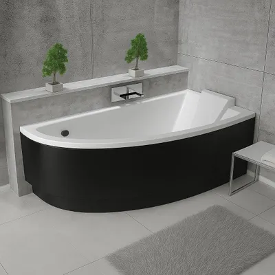 A modern bathroom with a black and white bathtub.
