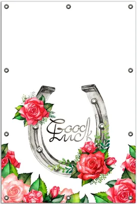 Produktbild von Wallario Outdoor-Poster für Garten oder Balkon, Motiv Viel Glück  Hufeisen mit roten Rosen, in ca. 80 x 120 cm