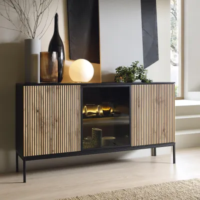 Produktbild von Moderne Geriffelte Kommode LAGOS K3D Schwarz Eiche Wotan LED auf Metallfüßen Schrank Sideboard
