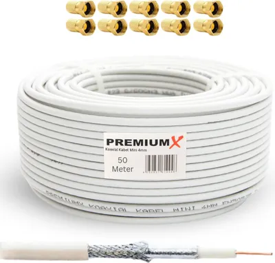 Produktbild von SAT Installationsset 50m mini Koaxial Kabel 4mm in Weiß mit F-Stecker 4 mm
