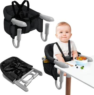 Produktbild von TRMLBE Kinder Tischsitz 30x24x31cm Klappbar Schwarz Stuhlsitz mit Rutschfeste Griff & Sicherheitsgurt & Aufbewahrungstaschen Babystuhl Sitzerhöhung, für Kinder max. 15KG von 6 bis 36 Monaten