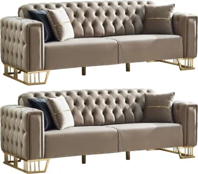 Produktbild von Villa Möbel Sofa Set Royce Beige Stellvariante:2+2 Relax- und Bettfunktion, pflegeleichter Mikrofaser Samtstoff